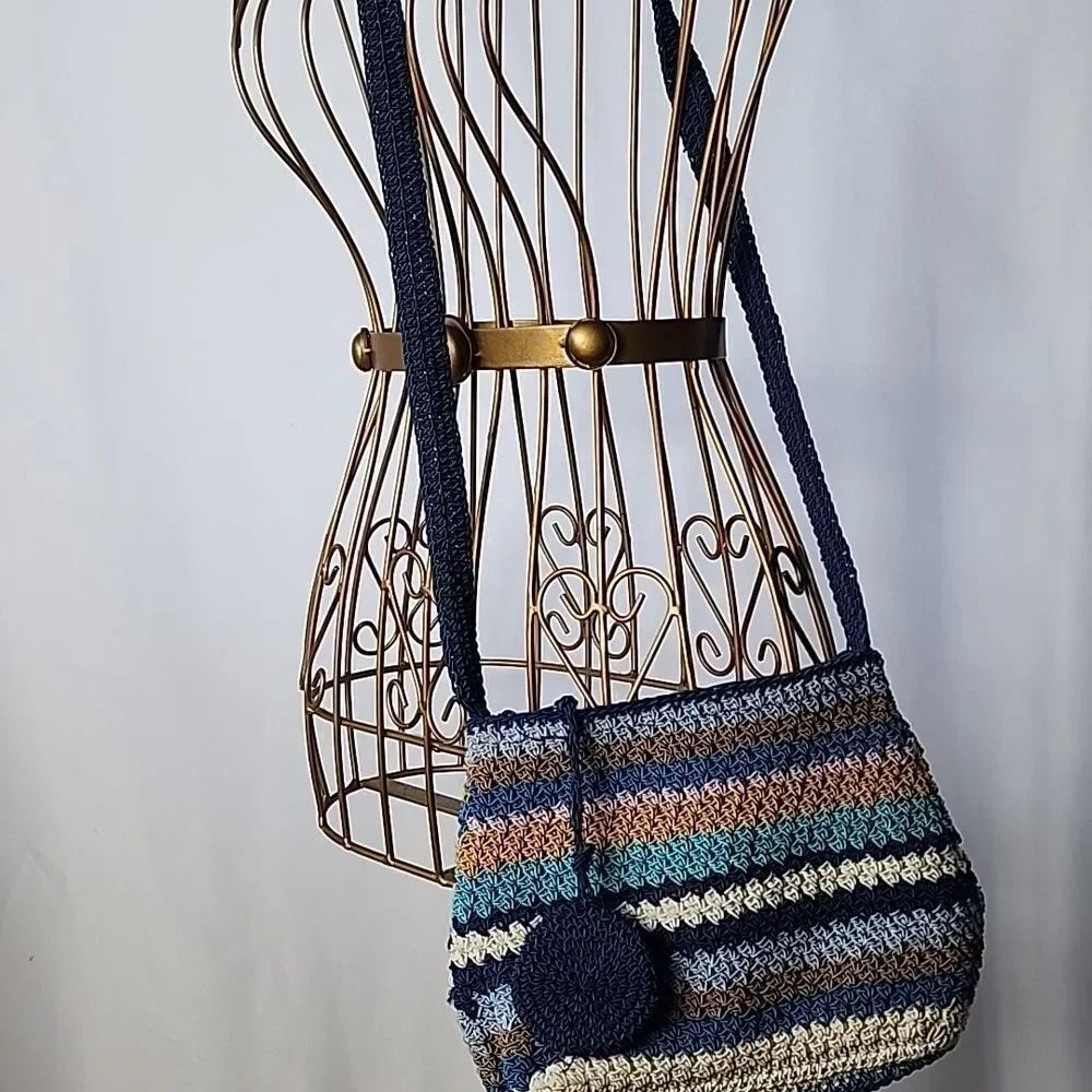Vintage Crochet Small Crossbody Bag Beachy In Shades Of Blue & Neutral